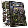 A starter set for Kings of War: Champions, featuring a rulebook titled "Legends Forged in Battle" prominently displayed, alongside sheets of die-cut cardboard counters. The artwork on the cover depicts a fierce battle scene with a human warrior and green-skinned ogres, emphasizing the game's skirmish-scale focus. The counters include various tokens and terrain elements, enhancing gameplay for the included ogre and halfling forces.
