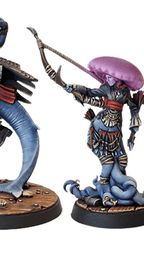 A collection of miniatures from the Voidsea campaign features a variety of fantastical characters. On the left, a large, muscular humanoid figure with blue skin and a rugged outfit stands in a dynamic pose. Next to it, a slender, dark-skinned character with a jellyfish-like head holds a weapon, adorned in tattered clothing. To the right, a small, blue creature with a mischievous expression stands on a wooden base, while another figure with a claw and a menacing stance completes the lineup. The miniatures are intricately detailed, showcasing a mix of pirate and eldritch themes.