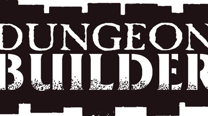 The image features the text "DUNGEON BUILDER" prominently displayed in a bold, distressed font, set against a dark background that resembles wooden planks. The letters are white with a textured appearance, giving a rugged feel that aligns with the theme of dungeon building. The overall design conveys a sense of adventure and creativity, suitable for tabletop gaming enthusiasts.