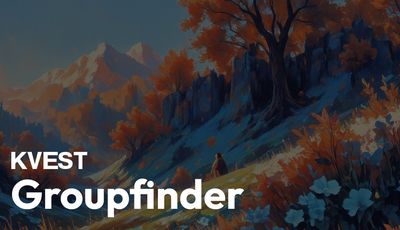 A serene landscape features majestic mountains in the background, adorned with autumn foliage in shades of orange and red. In the foreground, a figure sits on a rocky outcrop, gazing at the scenery, which includes a winding path and patches of snow. The text "KVEST Groupfinder" is prominently displayed at the bottom, emphasizing the platform's focus on connecting tabletop RPG players and game masters.