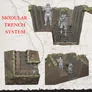 A modular trench system is depicted, showcasing three different views of intricately designed trench sections. The trenches feature wooden walls with sandbags on top, and two miniature soldiers are positioned within the trenches, one standing and one climbing. The background includes a faded map, adding historical context to the scene, while the text "MODULAR TRENCH SYSTEM" is prominently displayed in red.