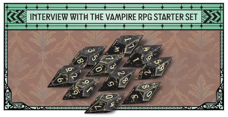 Black and gold polyhedral dice with numbers, text "NEW WITH THE VAMPIRE RPG START" on green banner.