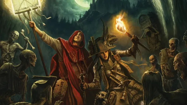 Warhammer Fantasy Roleplay: Sylvania The Cursed County, two figures with torches and undead in a dark forest.
