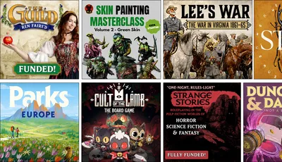 Top left: "SKIN PAINTING MASTERCLASS Volume 2 - Green Skin"
Top right: "LEE'S WAR THE WAR IN VIRGINIA 1861-6"
Bottom left: "CULT OF THE LAMB THE BOARD GAME"
Bottom right: "