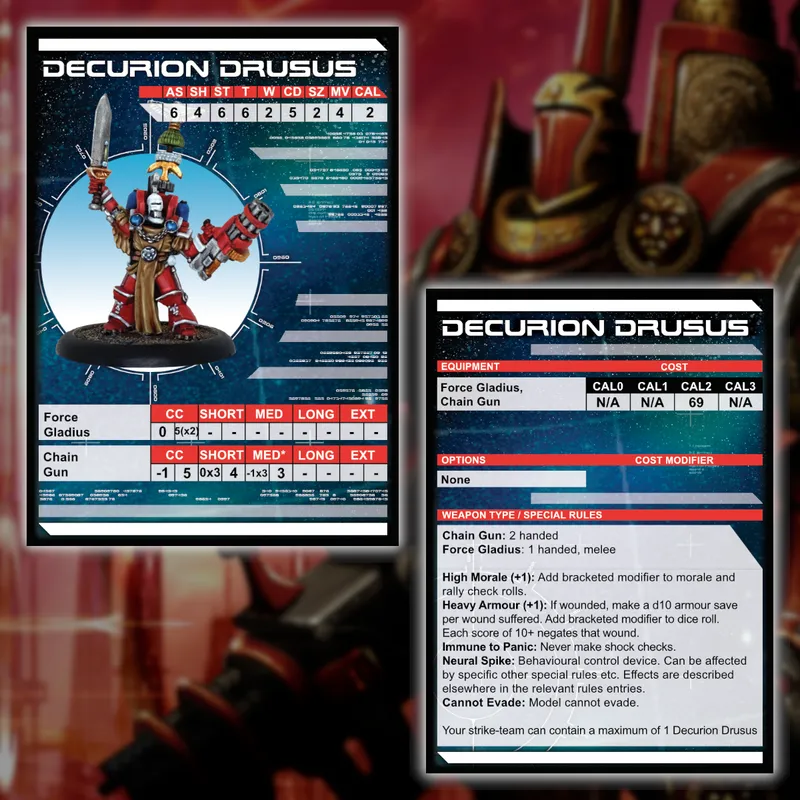 Alt-text:
A tabletop gaming character card for "Decurion Drusus" showing a painted miniature of a futuristic warrior in red, gold, and black armor holding a sword and a chain gun. The card displays stat blocks with headers "AS," "SH," "ST," "T," "W," "CD," "SZ," "MV," and "CAL," each with numerical values beneath. Below these, weapon profiles for "Force Gladius" and "Chain Gun" list ranges labeled "CC," "SHORT," "MED," "LONG," and "EXT" with corresponding attack values. The right side of the card lists equipment ("Force Gladius, Chain Gun") with costs under "CAL0" to "CAL3," and special rules including "High Morale (+1)," "Heavy Armour (+1)," "Immune to Panic," "Neural Spike," and "Cannot Evade." In the background, blurred painted miniatures of similar sci-fi warriors are visible.