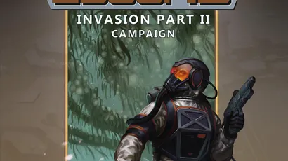 A futuristic cover illustration for "2300AD: Invasion Part II" features a humanoid figure in a high-tech spacesuit, complete with a helmet and orange-tinted visor, standing in a dense, alien environment filled with green foliage. The character is holding a weapon and appears to be surveying the surroundings, suggesting a sense of tension or readiness. The title "2300AD" is prominently displayed at the top, with "INVASION PART II" and "CAMPAIGN" below it, set against a contrasting background that enhances the sci-fi theme.