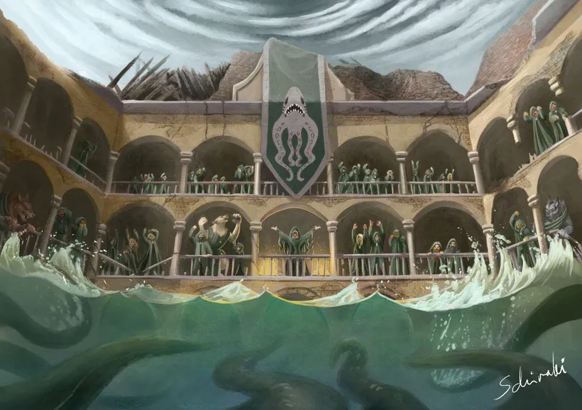 Cultists dressed in green have gathered in a half-submerged palazzo and are praying towards the waters. A few tentacles move underwater towards the cultists.