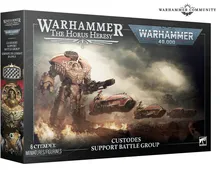 Warhammer 40,000 and The Horus Heresy box with Custodes Support Battle Group text, armored figure, and vehicles.