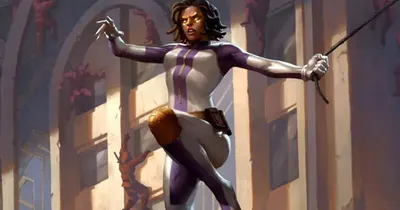 A superhero in a blue and purple bodysuit with a cape stands on a rooftop, holding a sword. Below, a large dark creature with horns and wings attacks a person in a red jacket. The background shows a dimly lit, rainy urban setting with a building facade.