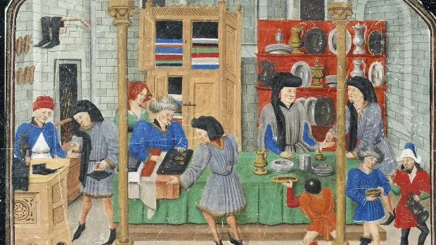"The Merchant's Ledger" text above a medieval shop scene with people and goods.