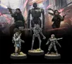 A dynamic scene features four miniatures from the Star Wars universe, prominently displayed against a backdrop of a chaotic urban environment with red laser blasts. The miniatures include Cassian Andor and Jyn Erso, both armed and in action poses, alongside the droid K-2SO, which stands tall and imposing. In the foreground, a fourth character, also armed, is depicted in a more relaxed stance, adding to the ensemble of this Rebel team.