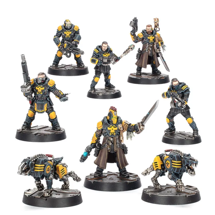A collection of eight miniatures from the Palanite Enforcer Captains & Sergeants set is displayed, featuring a mix of armed enforcers in dark uniforms with yellow accents. The figures include two cyber-mastiffs, one with a mechanical appearance, and various enforcers wielding weapons such as pistols, rifles, and swords. The miniatures are mounted on circular bases, showcasing their detailed designs and dynamic poses.
