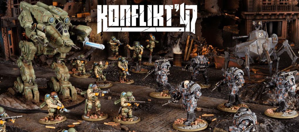 A dynamic scene from Konflikt '47 features a variety of detailed miniatures set in a war-torn environment. In the foreground, U.S. Airborne soldiers in green uniforms wield weapons, while Axis soldiers in heavy armor and distinctive designs stand ready for battle. The backdrop includes ruined structures and scattered debris, enhancing the atmosphere of this alternate history conflict. The title "KONFLIKT '47" is prominently displayed at the top.