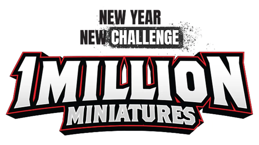 The image features bold, stylized text that reads "MILLION MINIATURES" prominently in the center, with a dynamic design that includes sharp edges and a black and red color scheme. Above this, the phrases "NEW YEAR" and "NEW CHALLENGE" are displayed in a smaller font, emphasizing a fresh start or initiative. The overall design conveys excitement and energy, suitable for a gaming or hobby context.