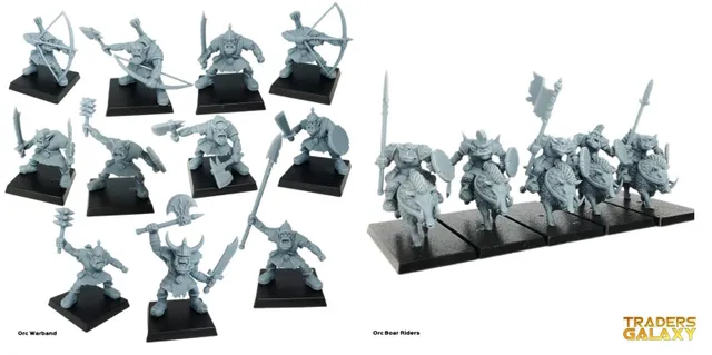 A collection of ten grey plastic orc miniatures is displayed on black bases, showcasing various poses and weapons. The orcs are equipped with a mix of weapons, including bows, swords, axes, and shields, highlighting their battle-ready stance. Each figure features distinct facial expressions and armor details, emphasizing their fierce and aggressive nature.