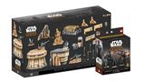 A display featuring two new Star Wars: Legion packs. The top pack, labeled "Battlefield Terrain Starter Set," showcases various terrain pieces, including modular buildings and scatter elements, designed with a Star Wars aesthetic. The bottom pack, titled "Cassian Andor, Jyn Erso & K-2SO," features three character miniatures alongside artwork of the characters, emphasizing their roles in the Star Wars universe.