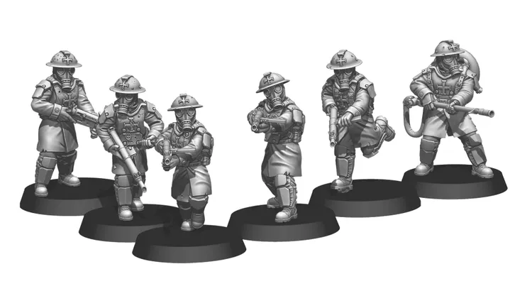 Four 28mm scale miniatures from Anvil Industries' Trench Raiders line are displayed, each featuring distinct poses and gear. The figures are equipped with Brodie helmets and gas masks, showcasing a variety of weapons including a Sten gun and a flamethrower. They stand on circular bases, with details highlighting their military attire and accessories, suitable for various gaming genres.