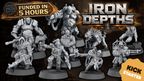A collection of post-apocalyptic sci-fi gang miniatures is displayed, showcasing various dynamic figures designed for skirmish battles. The miniatures, rendered in a gray color, include characters with distinct features such as bulky armor, weapons, and unique poses, emphasizing their gritty aesthetic. The title "IRON DEPTHS" is prominently featured at the top, along with a badge indicating the campaign was funded in hours, and a "KICKSTARTER" tag in the bottom corner.