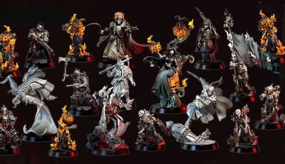 A collection of ten intricately designed miniatures from the Weird War I series is displayed against a dark background. The figures include a mix of undead and fantastical characters, such as a pumpkin-headed figure, a skeletal warrior, and a witch, all featuring dynamic poses and detailed sculpting. Each miniature showcases unique elements like flowing robes, weapons, and flame effects, emphasizing their dark fantasy theme, with the text "OCTOBER 2025" prominently featured at the top.