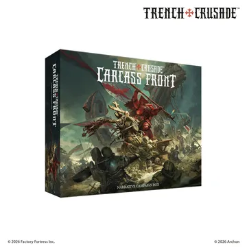 A box for the "Trench Crusade: Carcass Front" narrative campaign features a dramatic illustration of a fierce battle scene. In the foreground, a red, demonic figure wields a weapon amidst a chaotic clash with armored soldiers, surrounded by skulls and tattered banners. The title "TRENCH CRUSADE: CARCASS FRONT" is prominently displayed at the top, with the subtitle "NARRATIVE CAMPAIGN BOX" below, set against a dark, atmospheric backdrop.