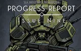 Green armored mech with red accents, holding a large gun labeled "DN". Text above: "PROGRESS REPORT ISSUE NINE".