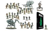 A collection of miniatures from Warlord Games' Konflikt ’47 is displayed, featuring various figures including soldiers, zombies, and mechanical creatures. Prominently featured is the book titled "Konflikt ’47: Festung Europa," which showcases a green silhouette on its cover. Among the miniatures, a notable figure in powered armor and a mechanical creature stand out, highlighting the game's unique blend of historical and fantastical elements.