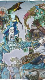A vibrant illustration features four undead pirate characters. On the left, a faerie pirate with large, dark wings and flowing hair is depicted, wearing a tattered dress. In the center, an undead pirate captain in a blue coat and tricorn hat, with a skeletal face and a long beard, gestures dramatically. To the right, a green-skinned pirate with a patchy outfit and various sea creatures adorning her body holds a weapon, while a crab-like creature with a pirate hat and bulging eyes sits in the foreground, showcasing a treasure-laden shell. The background has a textured, oceanic theme, enhancing the eerie atmosphere.
