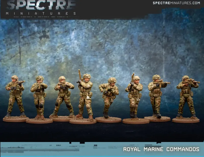 Seven toy soldiers in camouflage uniforms, holding rifles, against a rocky background.