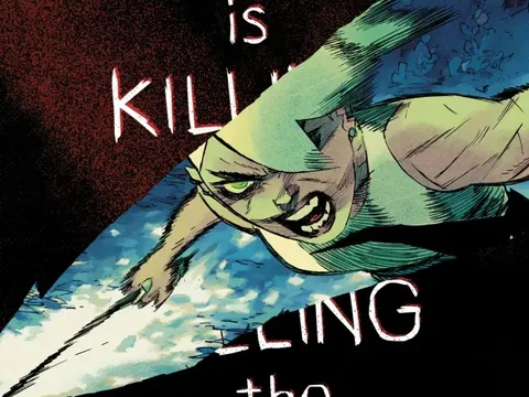 A green-skinned character with sharp teeth and a menacing expression, holding a blue object resembling a broken wing or blade. White and red text reads: "SOMETHING IS KILLING" with "BOOM!" logo top-left, "James Tynion IV, Werther Dell’Edera, Miquel Muerto" names top-center, and "Nº 50" top-right.