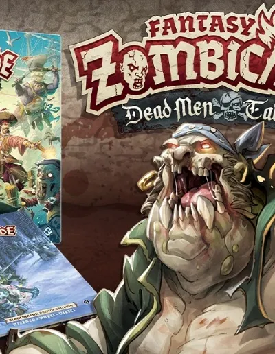 A vibrant display features the "Fantasy Zombicide: Dead Men Tales" box set prominently, showcasing colorful artwork of pirate characters engaged in action. Next to the box, a hardcover book titled "Plaguebearer" and a graphic novel are visible, both adorned with detailed illustrations. In the foreground, a large, menacing zombie character with a bandana and tattered clothing adds a dramatic touch to the scene, emphasizing the game's adventurous and fantastical theme.