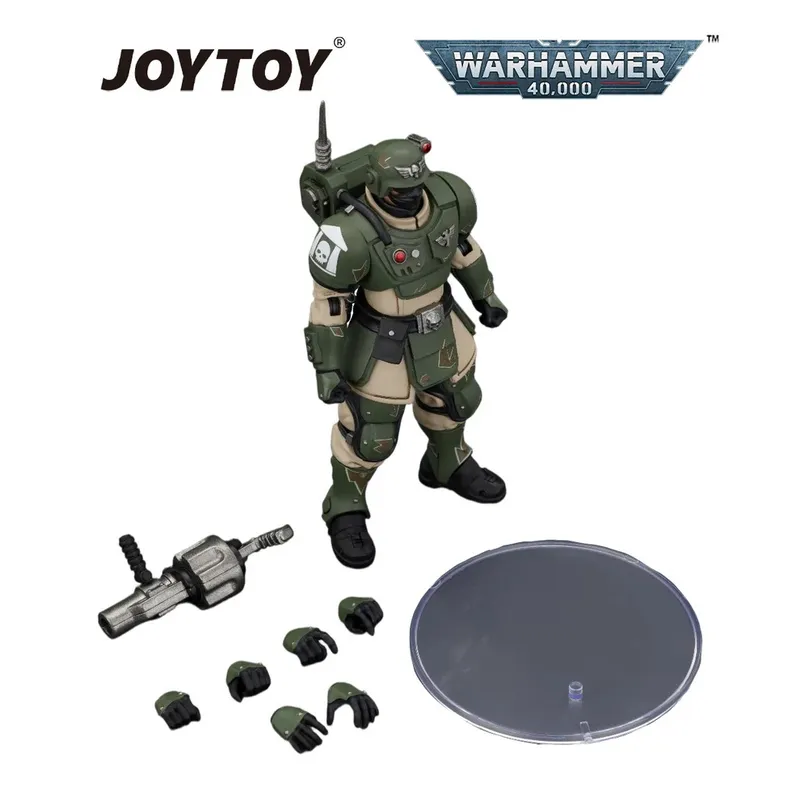 Green armored Warhammer 40,000 action figure with accessories, JOYTOY and Warhammer 40,000 logos.