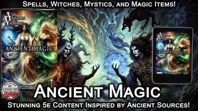 A mystical illustration features two powerful spellcasters, one with long, flowing hair and a green aura, and the other with dark, wild hair and a commanding presence, both surrounded by swirling magical energies. In the background, a dramatic sky crackles with lightning, while arcane symbols and a shadowy creature add to the atmosphere. Prominently displayed is the title "ANCIENT MAGIC" along with the text "5e Content Inspired by Ancient Sources!" and an image of the book cover on the right.