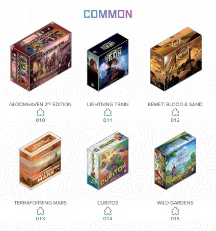 Six miniature board game boxes arranged in two rows of three. Top row: Gloomhaven 2nd Edition, Lightning Train, Kemet: Blood & Sand. Bottom row: Terraforming Mars, Cubitos, Wild Gardens. Each box displays its title and artwork. Below each box is its name and a number: 010, 011, 012, 013, 014, 015. Above the top row is the word "COMMON" in purple. The background is light with a subtle swirling pattern.