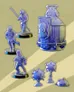 Blue diving suit miniatures and spherical objects on a light background.