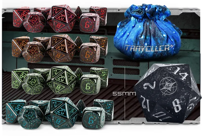 A collection of polyhedral dice in various colors is displayed against a textured background. The dice include shades of black, green, and red, featuring speckled designs and numbers highlighted in contrasting colors. A blue drawstring bag labeled "Traveller" is also visible, alongside a measurement indicating the size of the dice at 55mm.