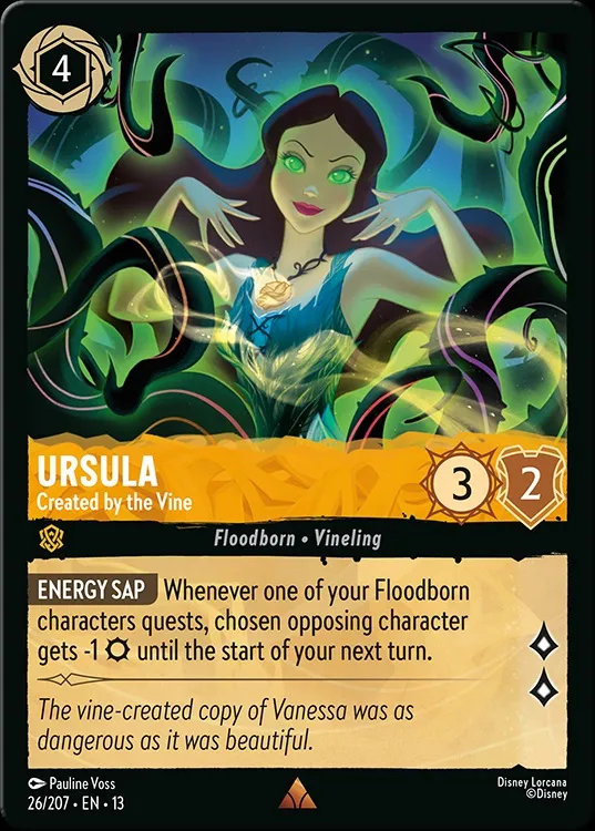 Ursula card with green skin, blue dress, and glowing energy, text "URSULA Created by the Vine"