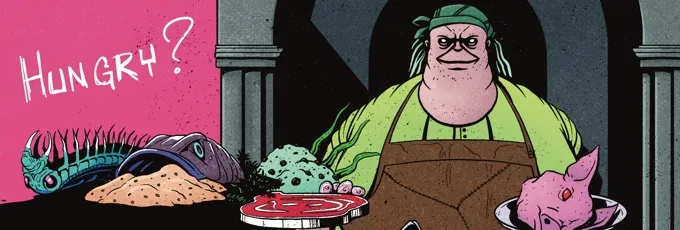 Cartoon man in green shirt, brown apron, green bandana, holding pink hand with red gem.