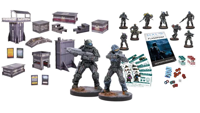 A collection of miniatures and game components from the Halo: Flashpoint series is displayed. In the foreground, two detailed resin miniatures represent UNSC Marine veteran Edward Buck and Captain Dare, both in combat-ready poses. Surrounding them are additional miniatures of Orbital Shock Troops, along with a booklet titled "HALO FLASHPOINT DESPERATE MEASURES," various character cards, and tokens for gameplay, all set against a white background.
