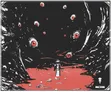 A robed figure stands on a red, skull-strewn ground under floating, spiraling red eyes. Text: MCDM.