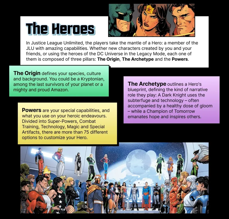 Group of superheroes in colorful costumes standing together in a futuristic setting.