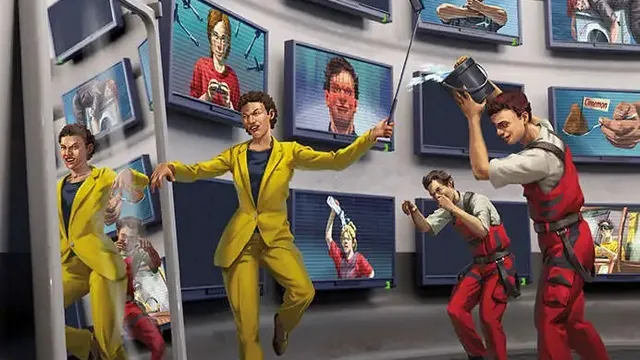 PARANOIA ALGORITHMIC LOYALTY, people in yellow and red suits, screens with faces, selfie stick.