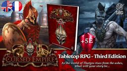 A promotional image for the Cursed Empire RPG features a striking design with a red and gold color scheme. In the foreground, a detailed book cover for "Cursed Empire - Third Edition" is prominently displayed, alongside a shield icon indicating compatibility with 5E systems. Flanking the book are two characters: a heavily armored warrior on the left and a menacing creature on the right, both set against a backdrop of medieval towers and a dark, atmospheric sky.