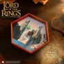 Hexagonal wooden dice tray with Lord of the Rings scene and dice inside.