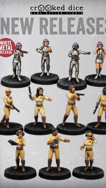 Nine miniatures in sci-fi uniforms, some holding guns, on black bases. Text: "NEW RELEASES WHITE METAL RELEASE LUNA COMMAND SUBMARINE SECURITY"