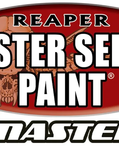A bold logo features the text "REAPER MASTER SERIES PAINT" prominently displayed in large, white letters against a red oval background. Above the text, a stylized skull with horns adds a striking visual element, enhancing the theme of fantasy and adventure. Below, the word "REMASTERED" is presented in a sleek, modern font, emphasizing the updated nature of the paint line.