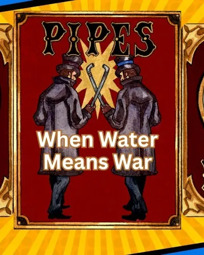 The image features the title "Pipes" prominently displayed in bold letters, flanked by two vintage-style illustrations of men in top hats and long coats, each holding a pipe. The background is a vibrant yellow with radiating lines, enhancing the dynamic feel of the design. Below the title, the phrase "When Water Means War" is centered, adding a thematic touch to the overall artwork. On either side, there are circular gauges labeled "WATER," suggesting a connection to the game's plumbing theme.