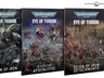 A slipcase set titled "Eye of Terror: Reign of Iron" for Warhammer 40,000 10th Edition features three hardcover books. The left book, "Eye of Terror: Reign of Iron," showcases a dark cover with imagery of Iron Warriors and mechanical elements. The center book, "Reign of Iron: Apocalypse," highlights large-scale battle scenes with various factions, while the right book, "Reign of Iron: Detachments," displays a more detailed scene with Chaos Space Marines and Imperial forces. Each book is visually distinct, emphasizing the themes of war and chaos in the Warhammer universe.