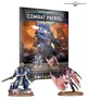 A boxed set for "Warhammer 40,000 Combat Patrol" featuring three painted miniature figures. At the top of the box, bold white text reads "WARHAMMER 40,000" and "COMBAT PATROL" with a red downward-pointing triangle between them. The number "01" is visible in a red circle on the top right corner of the box.

The box art displays three miniatures:
1. A Space Marine Captain in blue armor with white and gold details, holding a power sword and a bolt pistol.
2. A large, armored figure in blue with a heavy weapon, identified as a Space Marine.
3. A creature labeled as a Winged Tyranid Prime with large wings, claws, and a monstrous appearance.

In front of the box, two of the miniatures are positioned on rocky bases:
1. On the left, a Space Marine Captain in blue armor with white and gold details, holding a power sword.
2. On the right, a Winged Tyranid creature with large wings and claws.

The bottom of the box has text that reads: "FIRST MODELS