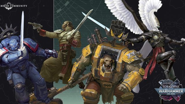A dynamic illustration features four distinct characters from the Warhammer 40,000 universe. On the left, a Space Marine in blue armor holds a pistol, while a figure in a military uniform brandishes a sword in the center. To the right, an imposing Ork in yellow armor displays a fierce expression, and behind him, a character with a mechanical arm and a large weapon stands ready for battle. The background includes a stylized map, enhancing the sci-fi atmosphere of the scene.