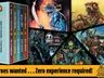 A collection of five Fighting Fantasy gamebooks is displayed, featuring titles such as "Island of the Lizard King," "Scorpion Swamp," "House of Hell," and "Creature of Havoc," with vibrant cover art showcasing fantastical creatures and scenes. The books are arranged in a colorful slipcase, with a map titled "Crystal Caves" visible on the left side. Below the books, bold text reads, "Heroes wanted . . . Zero experience required."